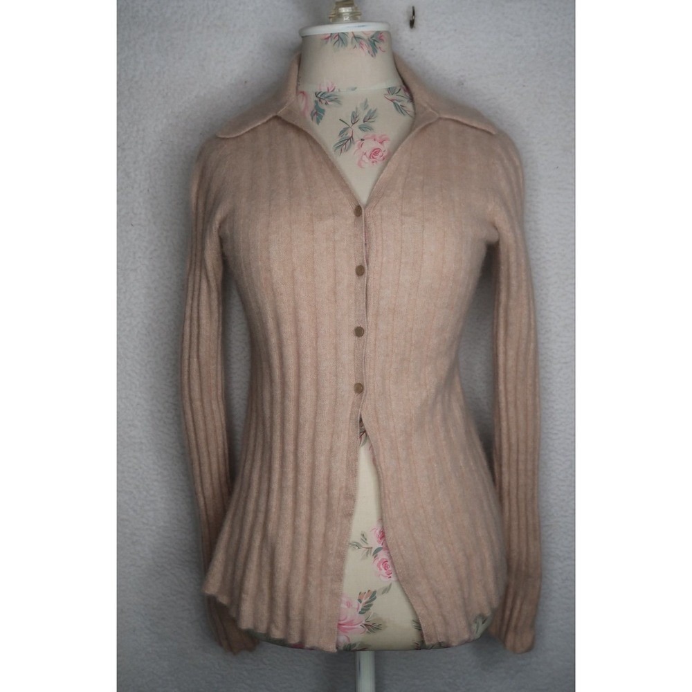 Magaschoni Women's 100% Cashmere Ribbed Button Cardigan Sweater Beige L‎ Luxury